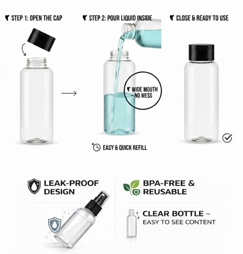 أربع زجاجات سفر لأدوات النظافة الشخصية، عبوات قابلة لإعادة التعبئة مانعة للتسرب، مناسبة للوشن والشامبو السائل، خالية من مادة BPA ومعتمدة من إدارة أمن النقل الأمريكية (TSA). - Image 4